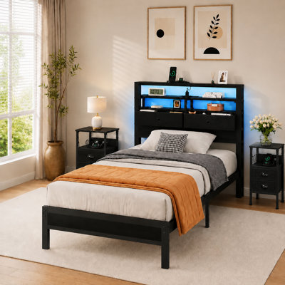 Complete Matching Bedroom Set, Multifunctional RGB LED Bed with Storage Headboard and Pair of Functional Storage Nightstands