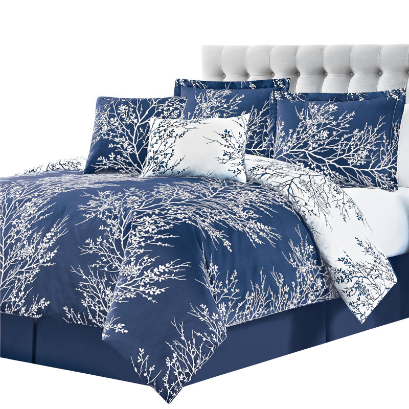 Navy and White Microfiber Reversible Queen Comforter Set