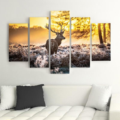 Deer Forest Sunset - 5 Piece No Frame Print on Canvas