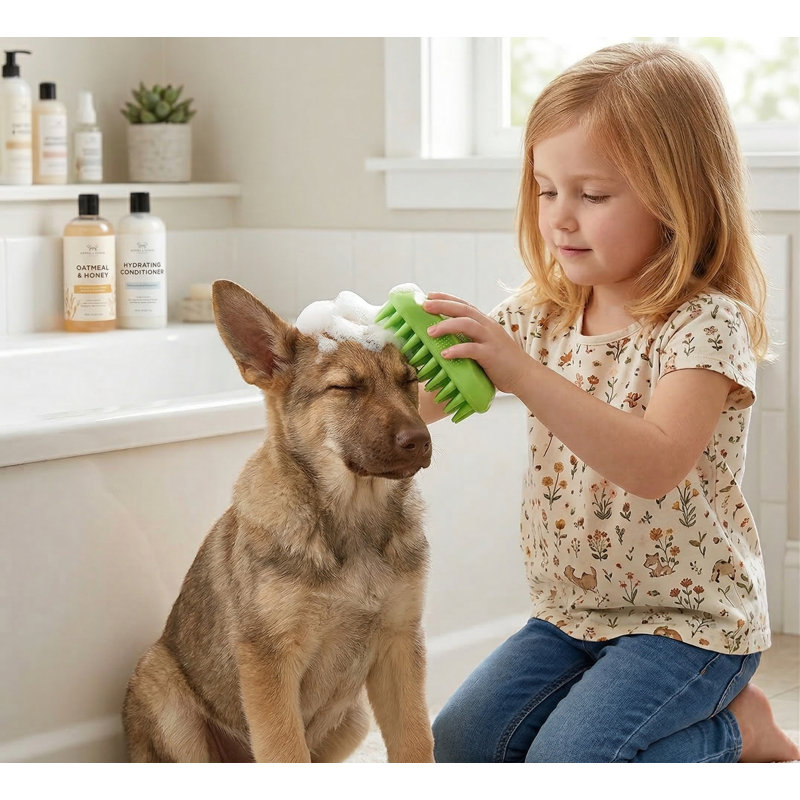 Brosse à shampooing en silicone pour animaux de compagnie pour cheveux longs et courts, animaux de compagnie de taille moyenne à grande, chiens et chats, brosse de curry pour la douche, massage du dos du chien, vert