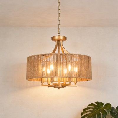 6 - Light 19.68 inch Boho Rattan Farmhouse Chandelier for Dining Room Living Room Bedroom