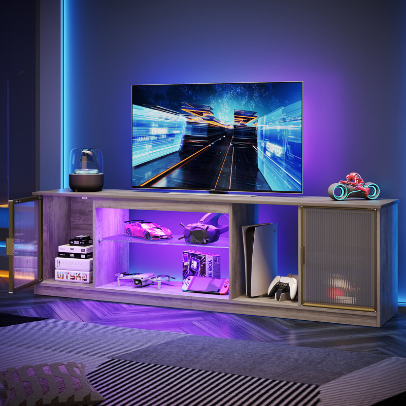 70" Modern Tv Stand For Tvs Up To 80 Inch With Led, Adjustable Shelf & Translucent Doors, Grey