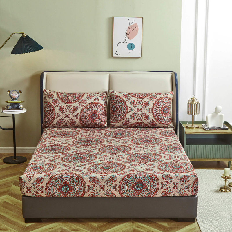 Drap-housse floral en percale de microfibre, Drap-housse grand avec 2 taies d'oreiller