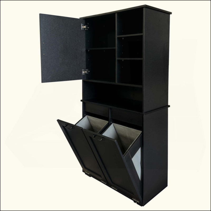 Armoire de buanderie avec portes et tablette, panier à linge inclinable, plusieurs espaces de rangement, style autoportant, tablettes ouvertes, tablette réglable