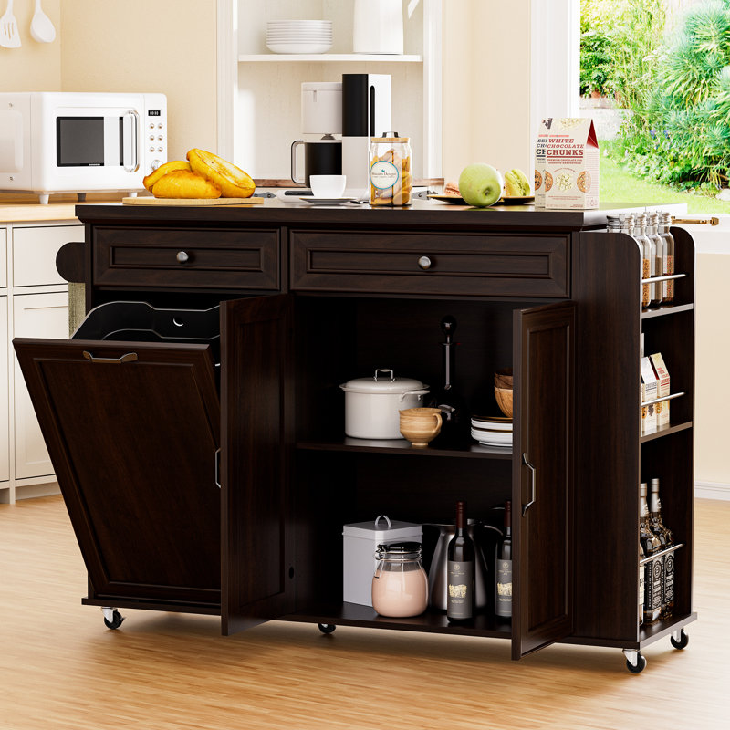 Kitchen Island With Trash Can Storage & Drop Leaf, Rolling Kitchen Cart With Drawers, 3-tier Spice Rack And Towel Rack, Island Table On Wheels For Kitchen, Dining Room