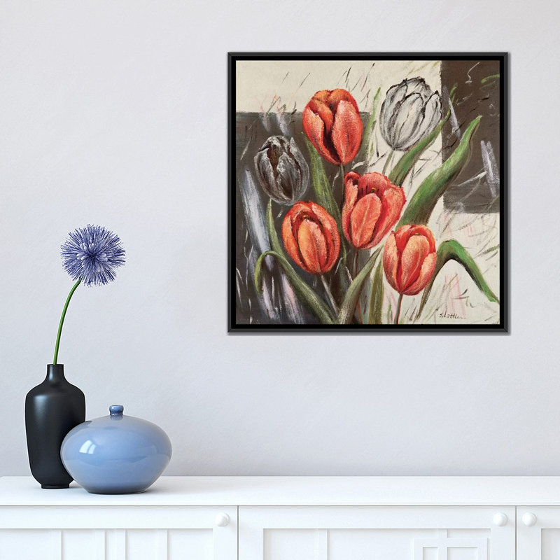 « orange tulipes », impression sur toile, H 26 po x l 26 po x P 1,5 po, Toile avec cadre noir, Pas de tapis
