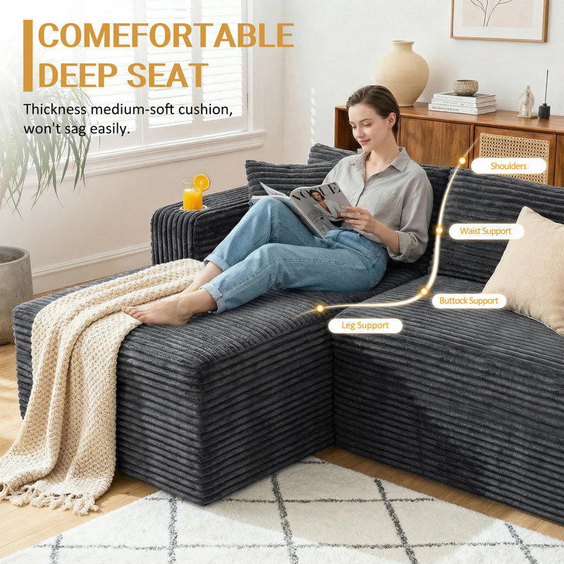 Canapé modulaire 102,3 po Cloud-Like, Velours côtelé gris foncé