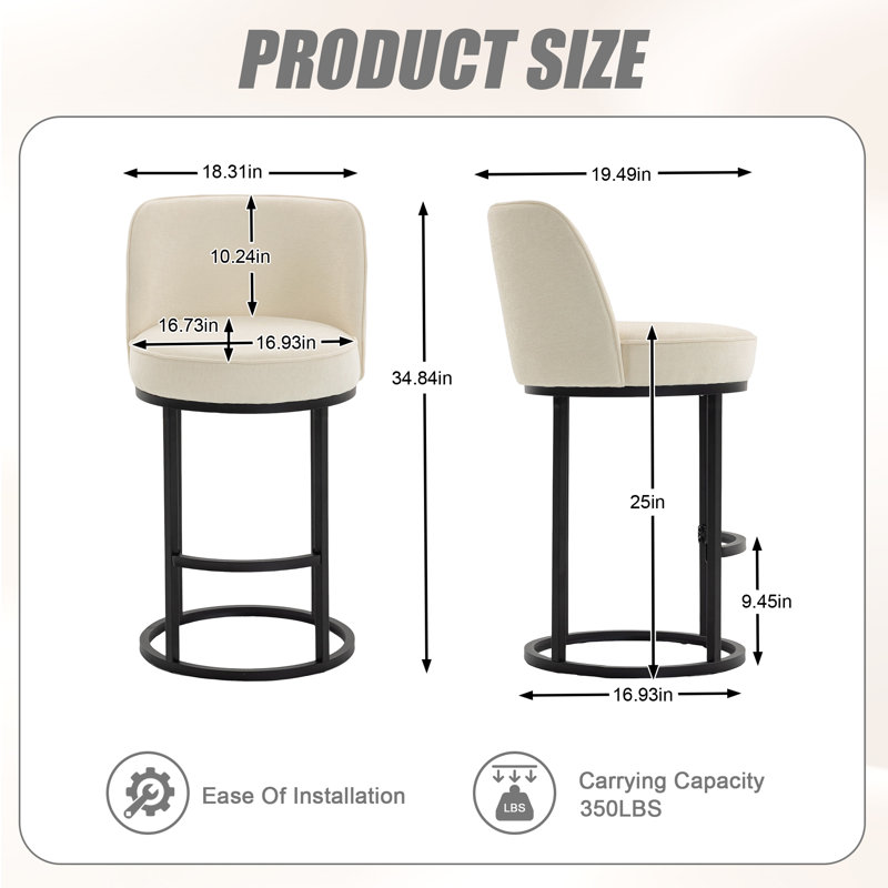 Tabouret de bar 2 pièces à hauteur de comptoir moderne 2 pièces: lin revêtu avec dossier pour îlot de cuisine, Beige