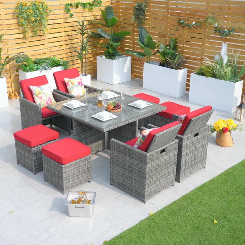 8 - Person Wicker Patio Dining Set with Square Table , Cushions Included, Gray, Red