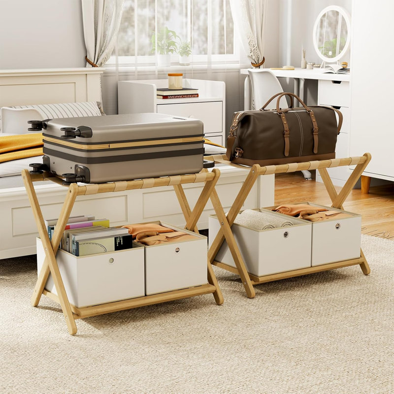 Porte-bagages entièrement assemblé, paquet de 2 avec 4 boîtes de rangement, support à bagages pliant en bambou 26,77 po