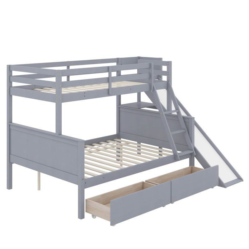 Lit simple superposé au dessus d'un lit double avec 2 tiroirs, glissière, tablettes, échelle, Gris