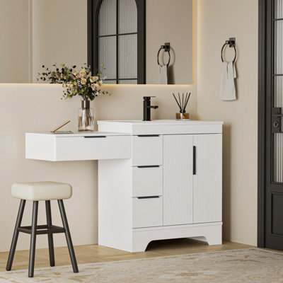Meuble-lavabo simple autoportant de 54 po avec comptoir d'évier Marquand, comptoir de maquillage mural 24 po avec tiroir, armoire de salle de bain avec tiroirs et porte