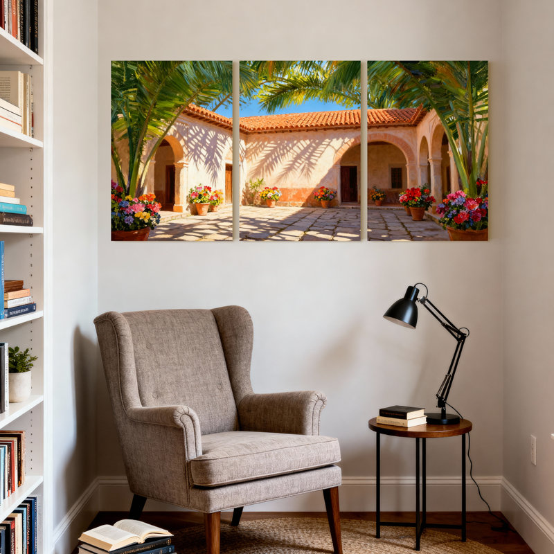Palmiers, cour, palmiers, fleurs, soleil, arche, réflexions, ensemble de 3 impressions sur toile, H 30 po x l 60 po