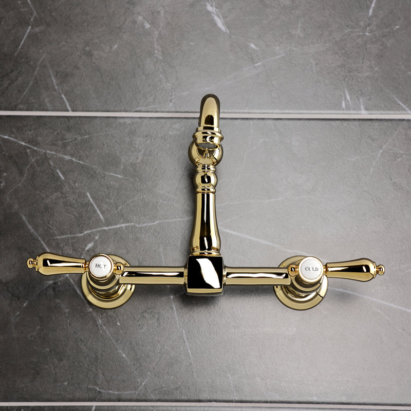 Kingston Brass Heirloom Double-Handle 2-Hole Wall-Mount Bridge Kitchen Faucet, Polished Brass