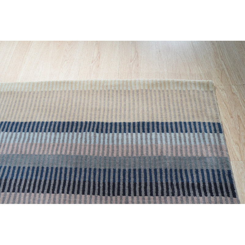 Blue Hand-Knotted Wool Striped Pixelation Geometric Modern Contemporary Carpet Rug, 8' x 10'