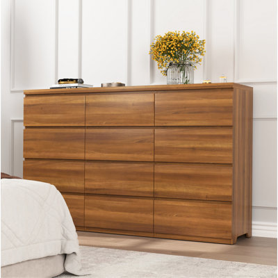 12 Drawers Double Dresser, Modern Wood Dresser Chest Of Drawers With Large Storage Space For Bedroom, Walnut