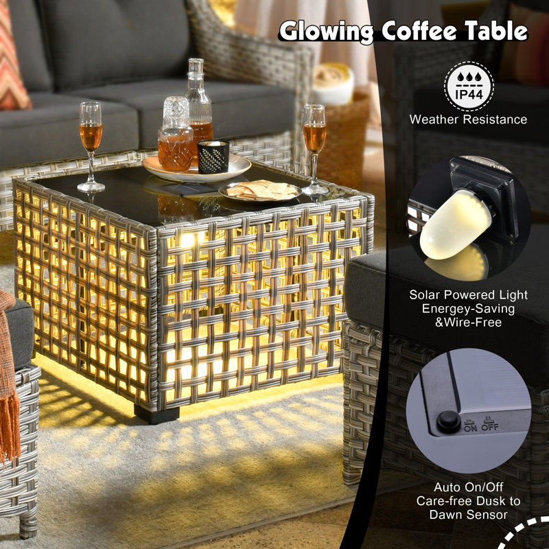 6 Piece Patio Furniture Conversation Sets With Solar Light Table,outdoor Wicker Furniture With Ottoman, All Weather Resistant Outside High Back Rattan Patio Set