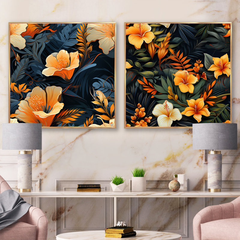 Tropical Twilight - motif tropical - ensemble de 2 collages floraux carrés, Cadre flottant doré, H 36 po x l 73 po