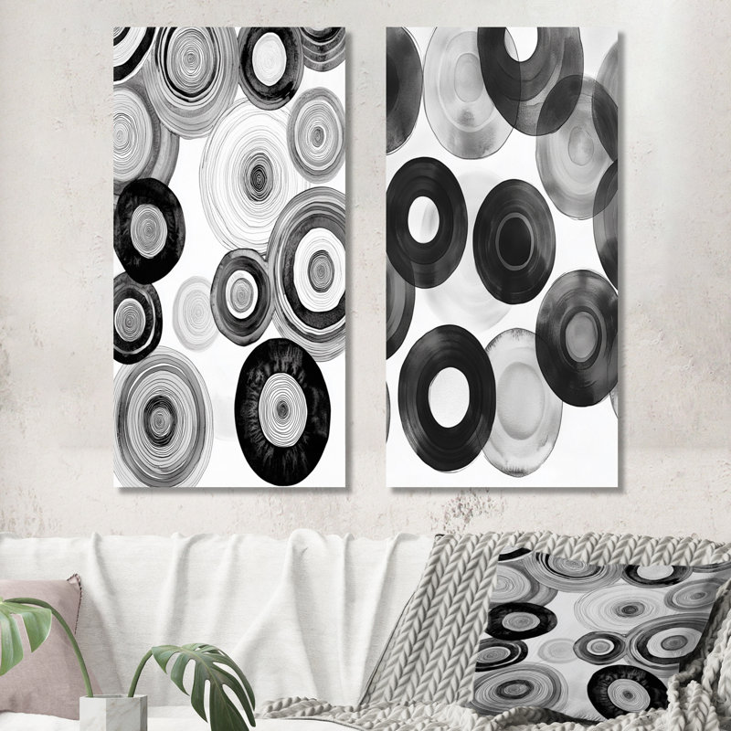 Radial Circles in Monochrome – Modern Metal Wall Decor Set of 2 Prints, 40" H x 40" W