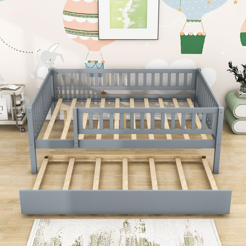 Wood Daybed with Twin Trundle and Guardrails, Gray, Full/Double