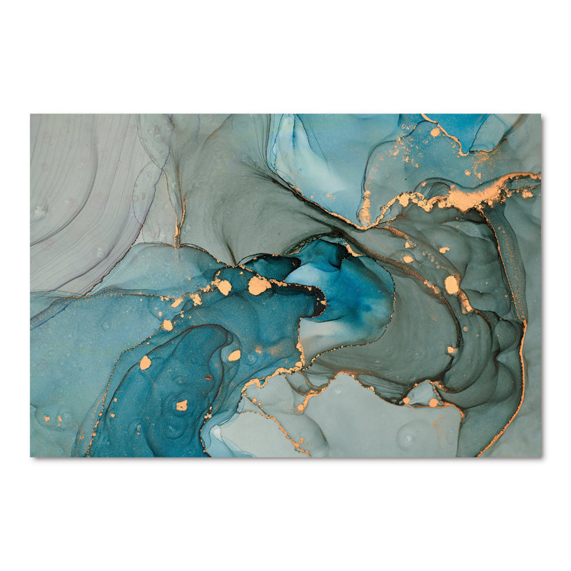Turquoise doré infusé de marbre - reproduction sur toile, H 30 po x l 40 po, Toile tendue, No Frame