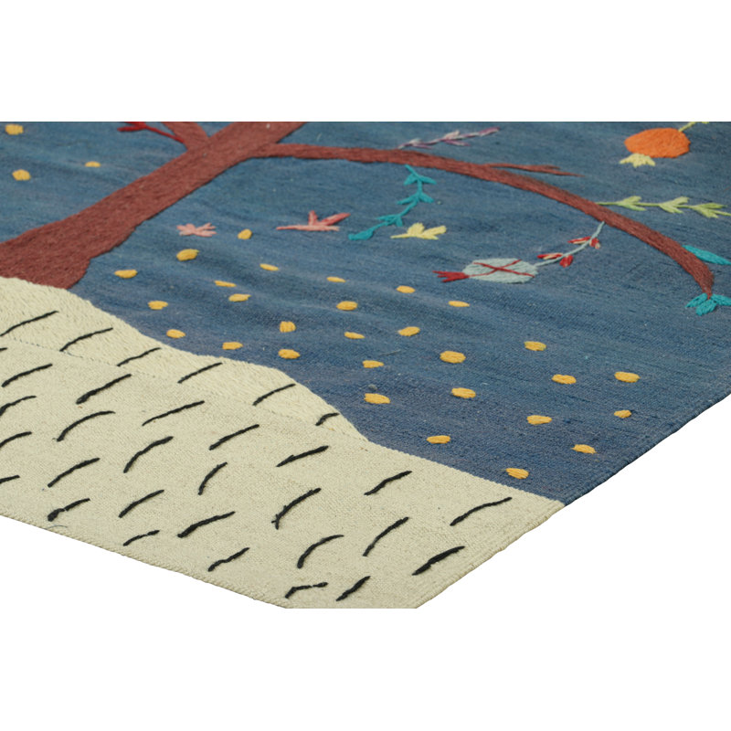 Rug & Kilim’S Suzani Style Kilim In Blue With Polychrome Tree And Bird Pictorial