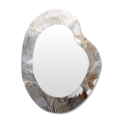 Griselda White Rose Golden Ethereal Leaves - Rose Asymmetrical Unique Wall Mirror, Traditional Unique Shape Mirror, Printed Metal Art