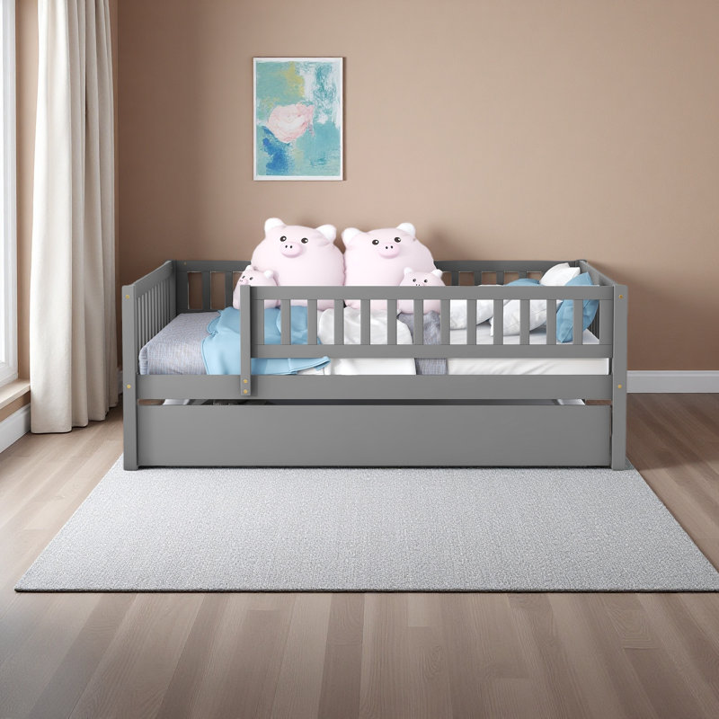 Lit de jour double en bois avec couchette et garde-corps, Gris