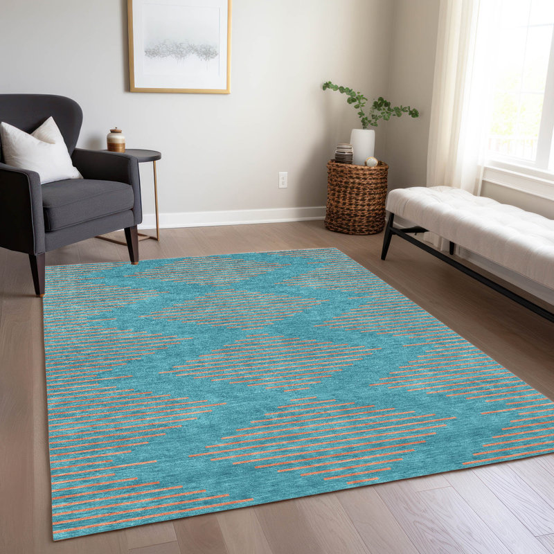 Norelia Teal Washable Indoor-Outdoor Rug - , 5' x 7'6"