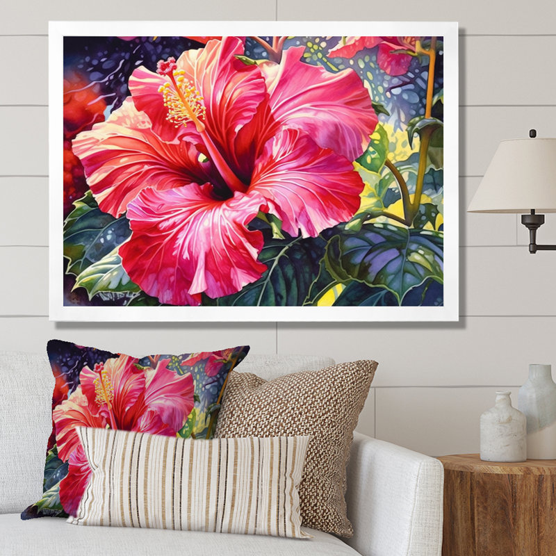 " Red Tropical Hibiscus Harmony II ", 24" H x 32" W x 1" D, White Single Picture Framed