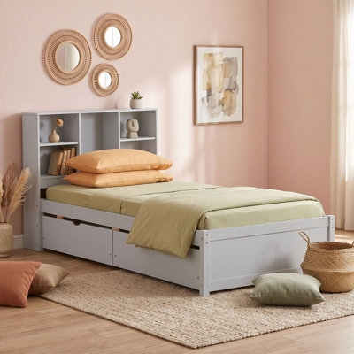 Twin Platform Bed Frame with Built-in Bookcase Headboard and USB Charging Station,Drawers