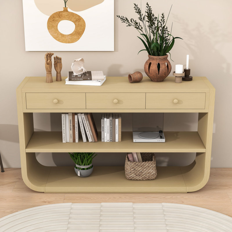 Console courbée avec 3 tiroirs à fermeture en douceur et 2 tablettes ouvertes, Naturel