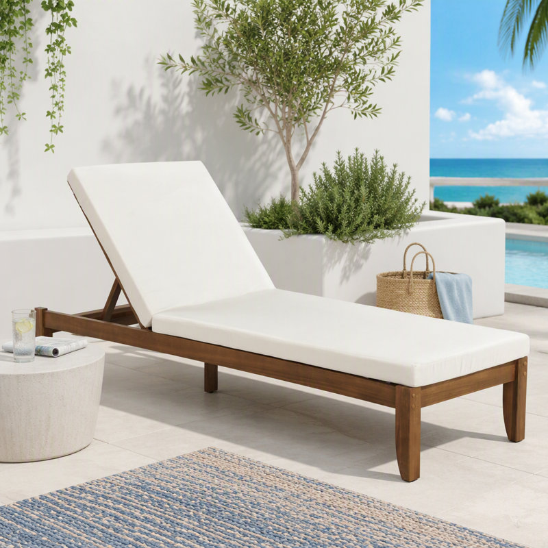 Chaise longue d'extérieur réglable avec coussin imperméable, L 24,8 po, Beige, noyer