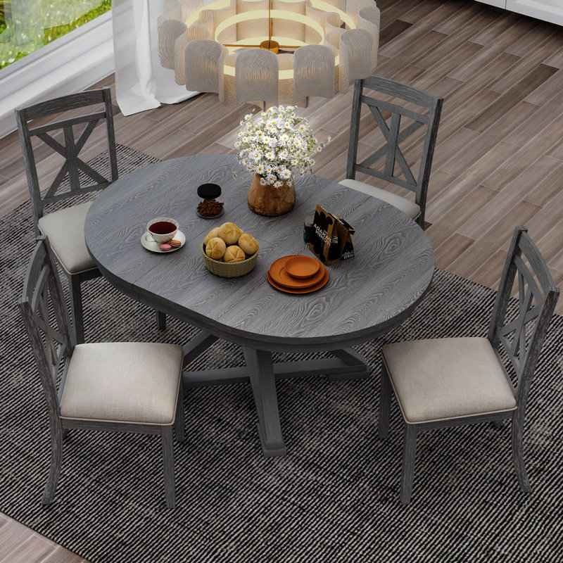 5 - Piece Extendable Dining Set, Round-To-Oval Expansion, Wood, X-Base Pedestal, Modern Farmhouse, Dining Room, Gray