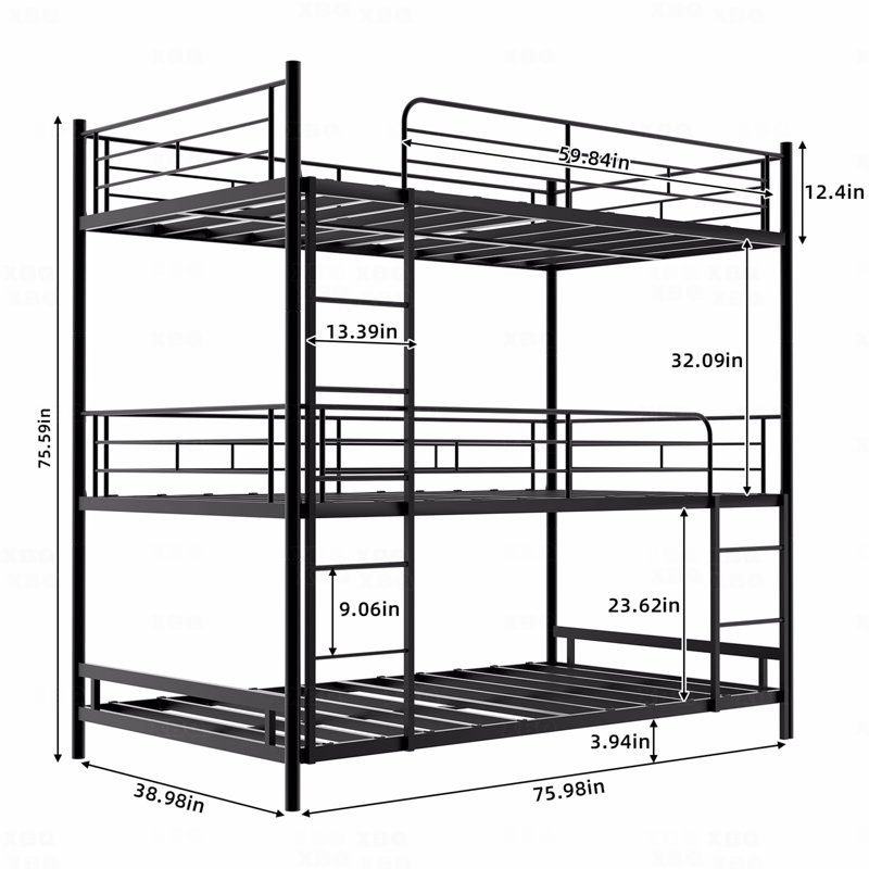 Lit triple robuste avec échelle intégrée et garde-corps sur toute la longueur, sécuritaire pour le plancher, Noir