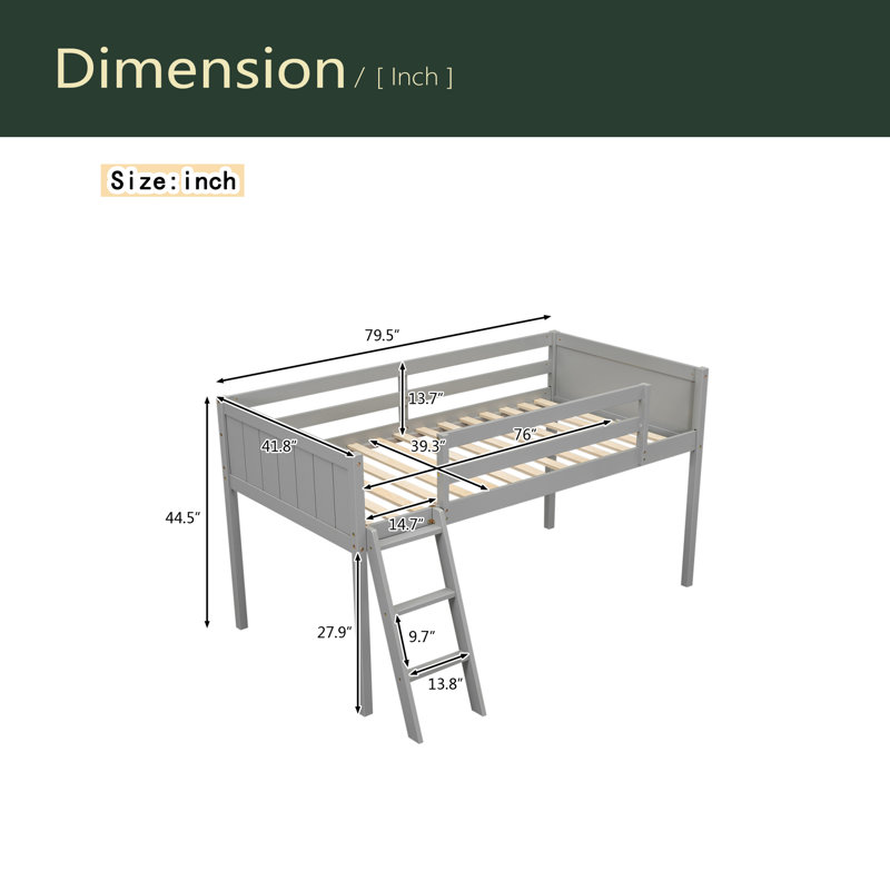 Lit mezzanine bas en bois avec échelle, l'échelle peut être placée à gauche ou à droite, Gris