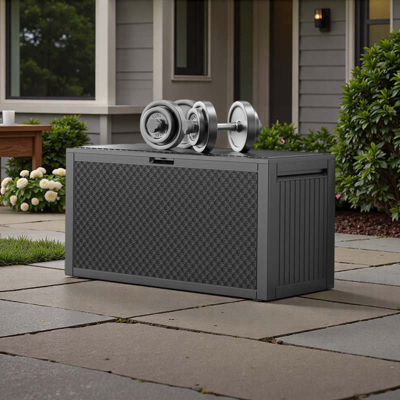90Gal Outdoor Garden Plastic Storage Deck Box Chest Tools Cushions Toys Lockable Seat, Black