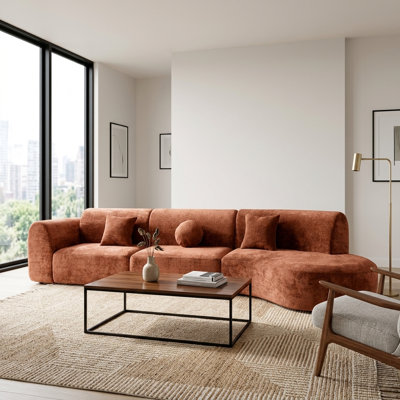 Boneless 140" Corduroy Modular Sectional Sofa, Japandi Curved Sofa With Chaise & High-Density Foam
