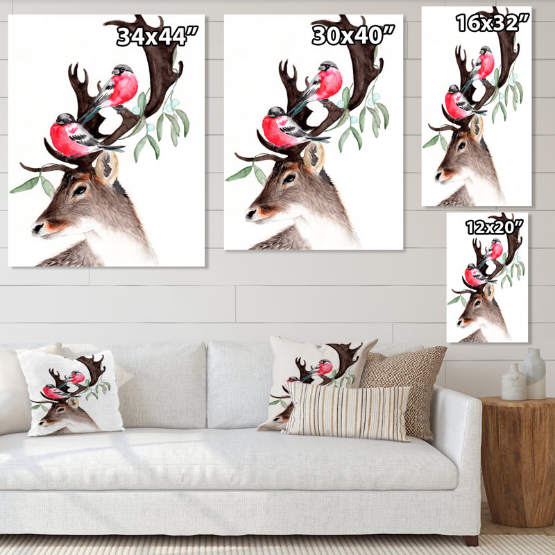 Cerf avec deux bouvreuils rouges - reproduction sur toile, H 40 po x l 30 po, Toile tendue