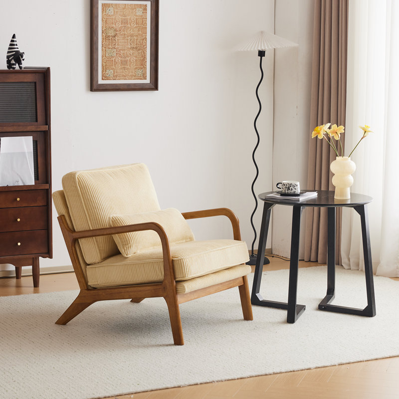 Lemley Mid Century Solid Wood Accent Chair Upholstered Armchair with an Extra Pillow, Beige Corduroy