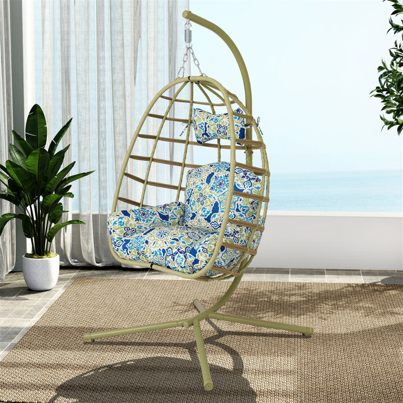 Fauteuil à œufs avec support Chaise de balançoire suspendue en rotin PE pour l'intérieur et l'extérieur avec coussin à double corde robuste lavable Capacité de 350 lb pour le patio