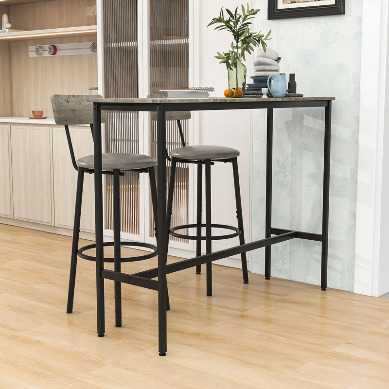 3-Piece Rectangular Bar Table Set with 2 Stools, Gray/Black, Gray