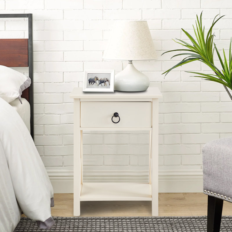 Cream Solid Wood Nightstand with Drawer and Shelf