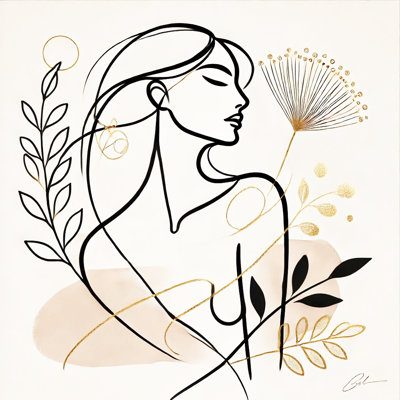 «Ethereal Bloom - Modern Line Art with Gold Accents», reproduction d'art sur toile tendue