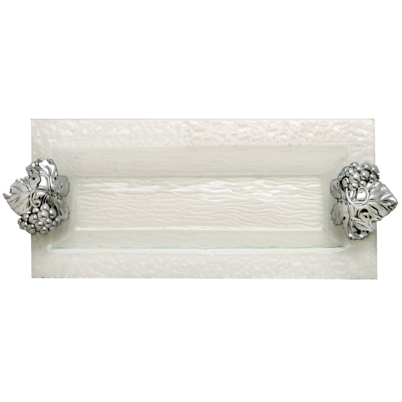 Clear Glass Oblong Tray with Grape Design Metal Handles
