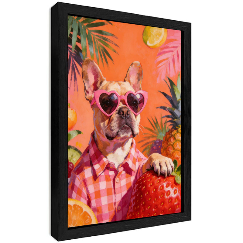 Bouledogue français rétro sur fond noir à thème rose pour un look de vacances, reproductions d'art encadrées d'animaux mignons