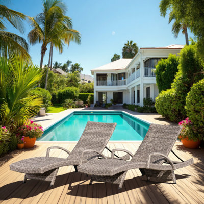Premium Grey Wicker Chaise Lounge Set - 2-Piece All-Weather Outdoor Loungers with Arm