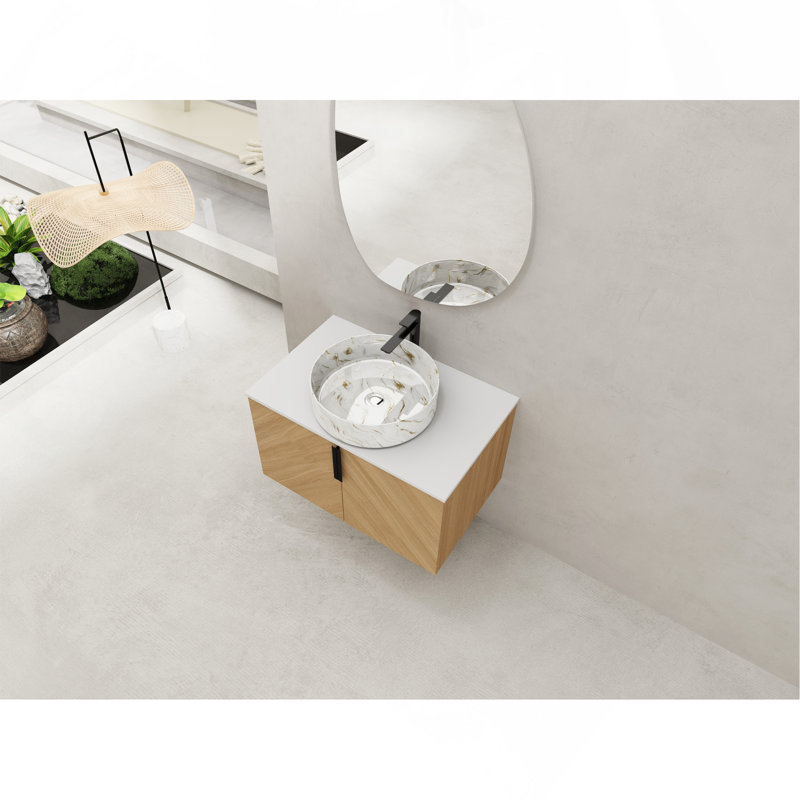 Meuble-lavabo de 30 po avec lavabo d'art en céramique et dalle de pierre artificielle, porte à fermeture en douceur, montage mural, contreplaqué