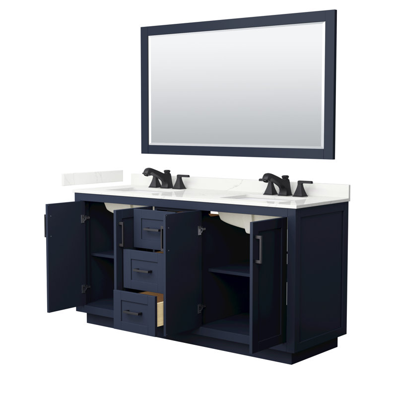 Ensemble de meuble-lavabo double autoportant 66 po avec plateau en quartz Miranda, Quartz Giotto, Bleu foncé, Noir mat