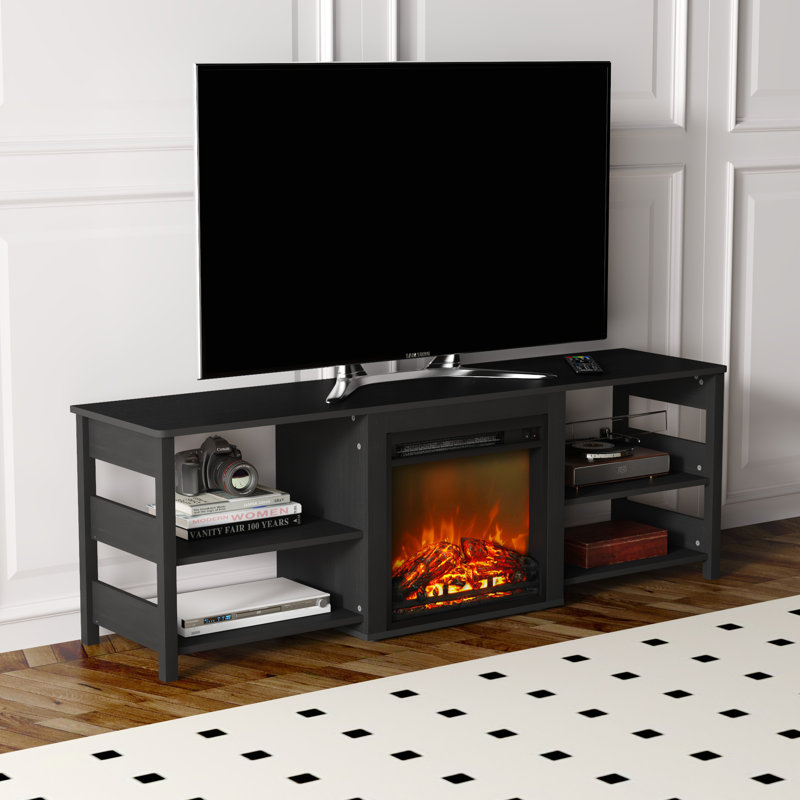 63" Fireplace TV Stand with 18.1" Electric Heater, Fits TVs up to 75", 4 Open Back Grid Cabinet, Black